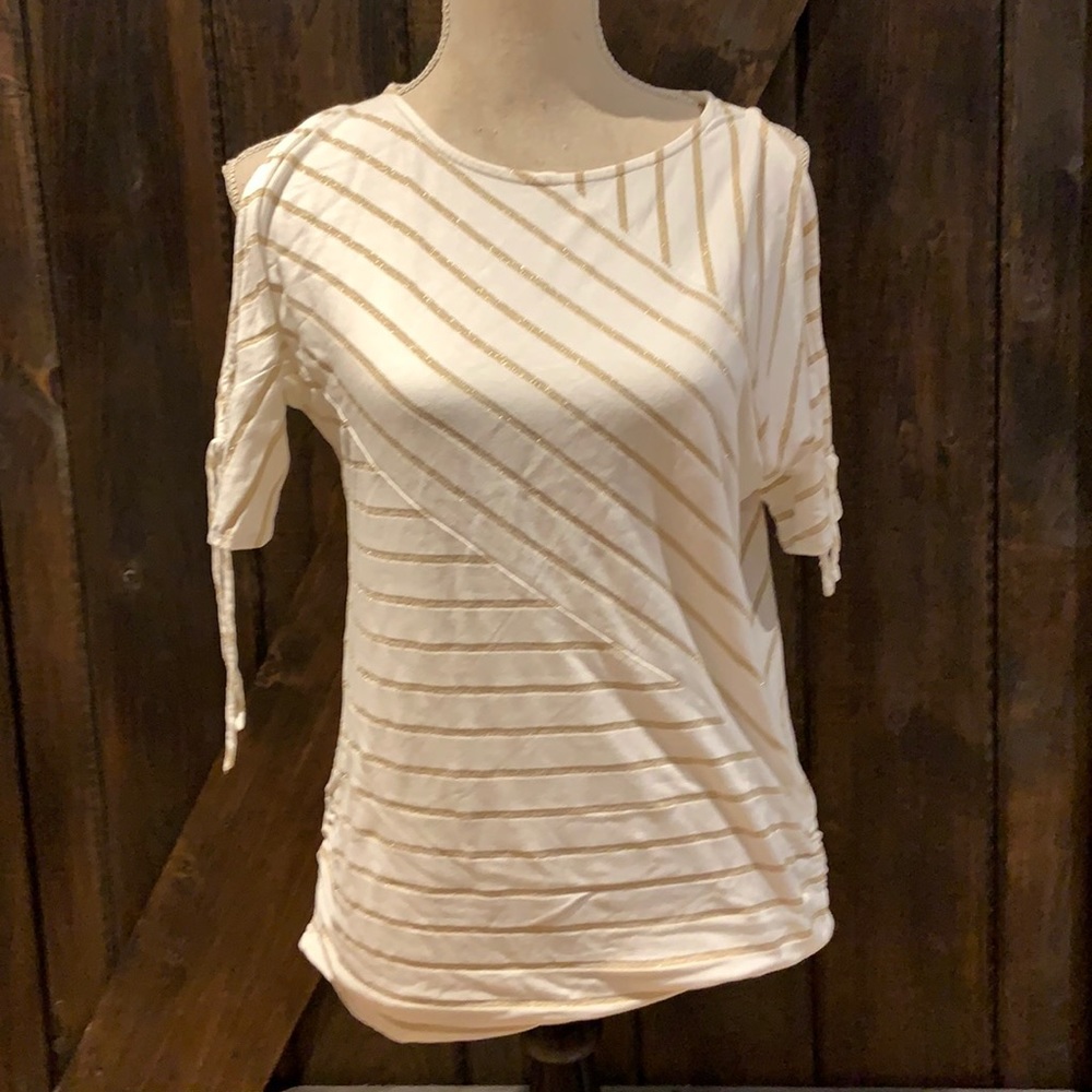 SPANNER open shoulder gold and white striped top